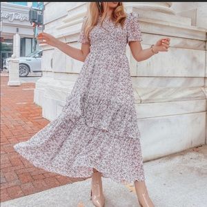 Storia White & Purple Floral Ruffle Flowy Sleeve Tiered Maxi Dress